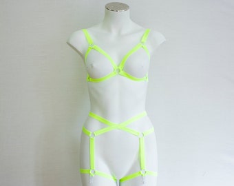 Rave outfit: Glow Clothing, Neon Lingerie, Glow Body Harness, Festival Bralette, Festival Shorts, Neon Yellow Body Harness, Exotic Dancewear