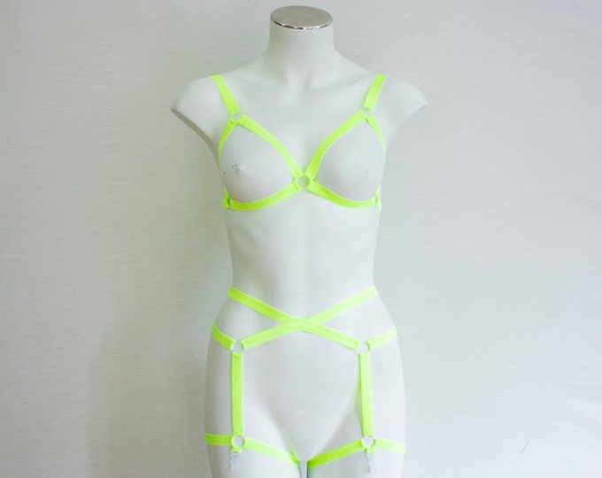 Rave outfit: Glow Clothing, Neon Lingerie, Glow Body Harness, Festival Bralette, Festival Shorts, Neon Yellow Body Harness, Exotic Dancewear