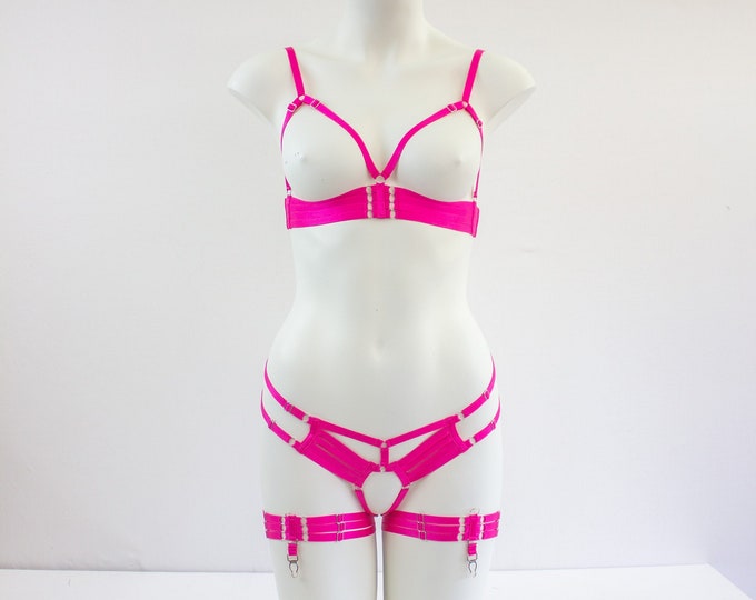 Pink Harness Lingerie Set: DDLG Bra & Pantie, Exotic Dancewear, Festival Fashion, Pin Up Outfit, Pole Fitness, Pink Boudoir Costume, Strappy