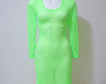 Neon Glow Long Sleeve Mesh Rave Festival Body Con Dress: Exotic Pole Dance Floor Outfit Costume, Music Club Wear Fashion