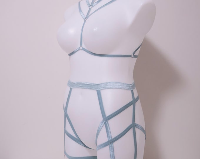 Slate Blue Sexy Strappy Plus Size Lingerie Set: Exotic Dancewear Cage Garter, Harness Bralette, Festival Rave Outfit Clothing