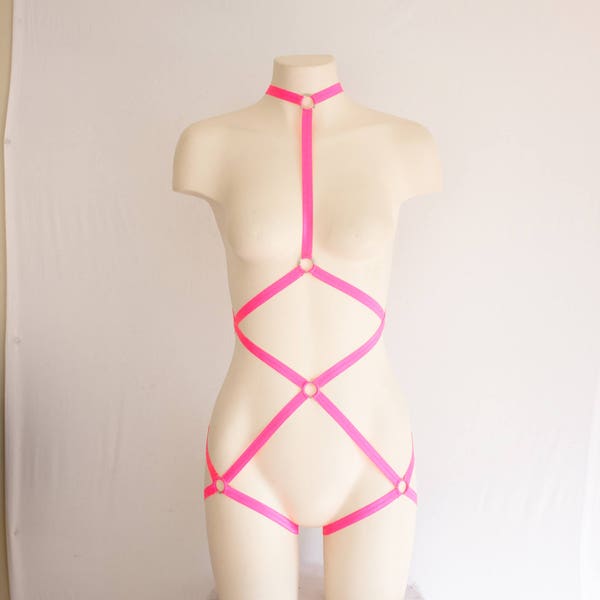 Neon Pink Body Harness: Pink Lingerie, Exotic Dancewear, Festival Bodysuit, Strappy Lingerie, Burlesque Lingerie, Cut Out Lingerie Plus Size