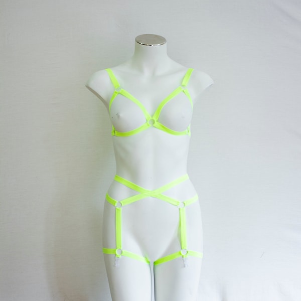 Rave outfit: Glow Clothing, Neon Lingerie, Glow Body Harness, Festival Bralette, Festival Shorts, Neon Yellow Body Harness, Exotic Dancewear