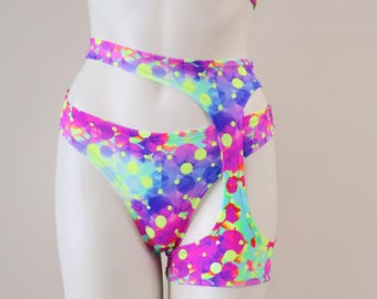 Psychedelic (UV) Bikini Set Rave Festival Shorts: High Waist Garter Dancewear Clothing, Stripper Outfit