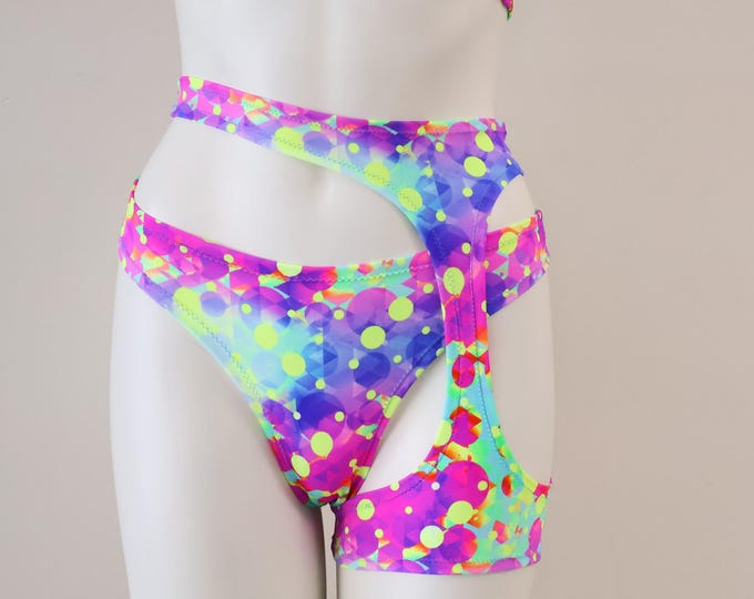 Psychedelic (UV) Bikini Set Rave Festival Shorts: High Waist Garter Dancewear Clothing, Stripper Outfit