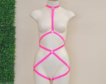 Neon Pink Body Harness: Pink Lingerie, Exotic Dancewear, Festival Bodysuit, Strappy Lingerie, Burlesque Lingerie, Cut Out Lingerie Plus Size