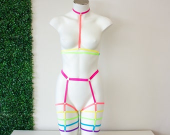 Neon Rainbow Strappy Pride Halter Top Cage Bralette Sexy Stretch Festival High Waist Legging Rave Biker Shorts, Exotic Dancewear Outfit Gay