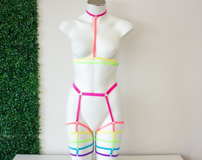 Neon Rainbow Strappy Pride Halter Top Cage Bralette Sexy Stretch Festival High Waist Legging Rave Biker Shorts, Exotic Dancewear Outfit Gay