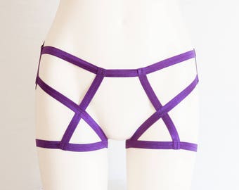 Purple Lingerie: Booty Shorts, Festival Bottoms, Purple Briefs, Purple Body Harness, Harness Lingerie, Exotic Dancewear, Open Crotch, Cheeky
