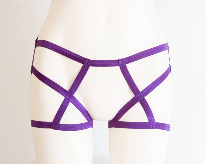 Purple Lingerie: Booty Shorts, Festival Bottoms, Purple Briefs, Purple Body Harness, Harness Lingerie, Exotic Dancewear, Open Crotch, Cheeky