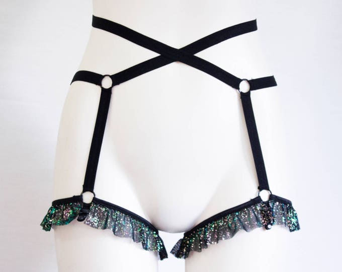 Black Harness Garter Belt: Body Harness Lingerie, Exotic Dancewear, Burlesque Costume, Plus Size Lingerie, Holographic Clothing, Strappy