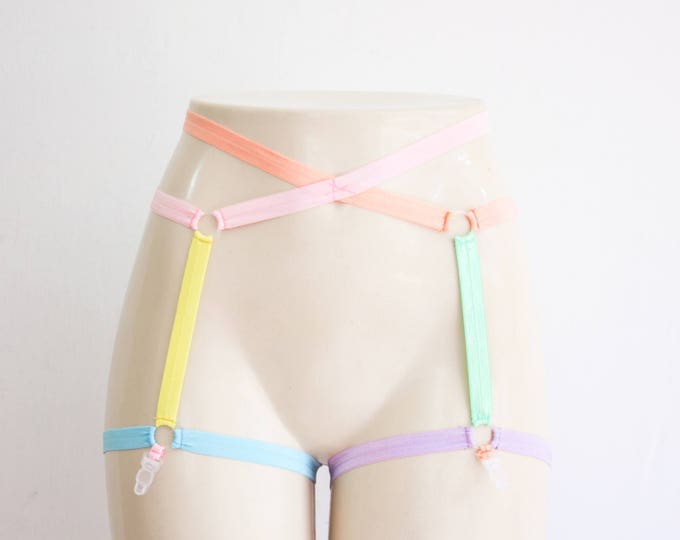 Pastel Rainbow Garter: Body Harness, Harness Lingerie, Pastel Lingerie, Festival Lingerie, Rainbow Clothing, Exotic Dancewear, Plus Size