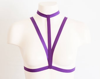 Body Harness: Harness Bra, Cage Bra, Purple Lingerie, Festival Top, Exotic Dancewear, Strappy Lingerie, Purple Bralette, Plus Size Lingerie