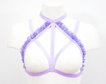 Purple Cage Bralette: Body Harness Lingerie, Burlesque Bra, Oil Slick, Festival Bra, Lavender Crop Top, Strappy Lingerie, Exotic Dancewear
