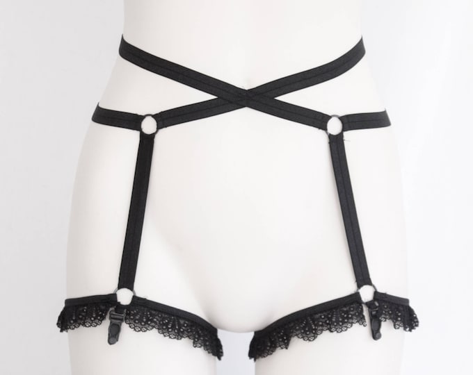 Black Lace Lingerie: Black Garter Belt, Strappy Lingerie, Pole Dancewear, Festival Costume, Burlesque Outfit, Ruffle Underwear, Body Harness