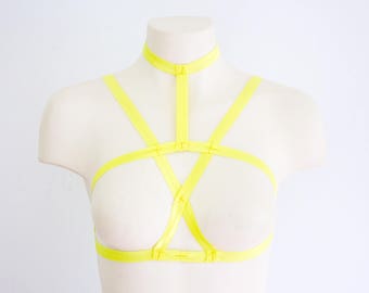 Body Harness: Cage Bra, Yellow Lingerie, Festival Lingerie, Exotic Dancewear, Strappy Lingerie, Yellow Harness, Halter, Plus Size Lingerie