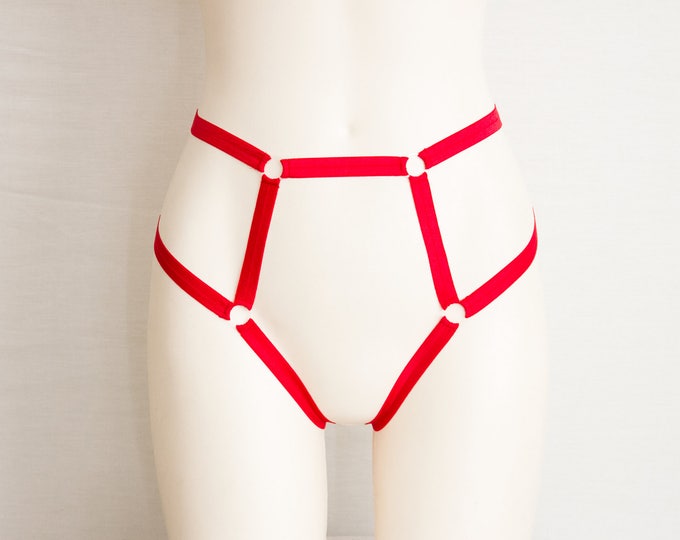 Open Crotch Thong Harness Panties: Red Body Harness, Strappy Lingerie, Exotic Dancewear, Burlesque Lingerie, Bondage Lingerie, Red Thong