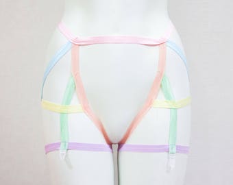 Pastel Goth Pastel Lingerie: Rainbow Fashion, Festival Shorts, Burlesque Costume, Pride Costume, Rainbow Harness, Thong Lingerie, High Waist