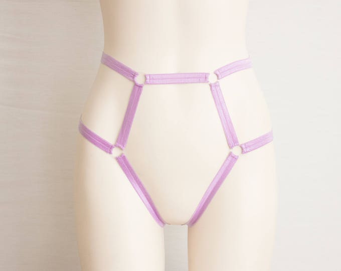 Open Crotch Thong Harness Panties: Purple Body Harness, Strappy Lingerie, Exotic Dancewear, Purple Lingerie, Bondage Lingerie, Purple Thong