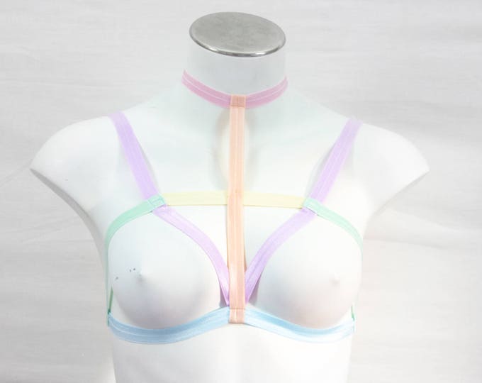 Rainbow Body Harness Lingerie Cage Bra: Pastel Goth Fashion Lingerie, Exotic Dancewear, Festival Top, Rainbow Clothing, Strappy Lingerie