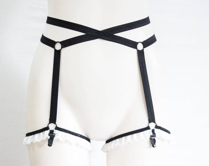 Black and White Lingerie: Black Garter Belt, Body Harness, Ruffle Lingerie, Lace Garter, Cosplay Costume, Adult Role Play, Sexy Maid Outfit