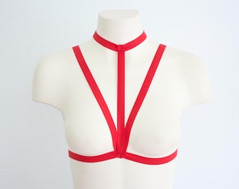 Red Body Harness: Red Lingerie, Red Cage Bra, Red Woman's Fashion, Festival Top, EDM, Harness Lingerie, Strappy Bralette, Exotic Dancewear