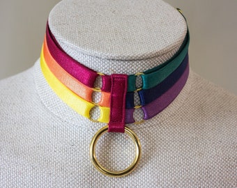 Dark Rainbow LGBTQ Pride Necklace Chunky Choker: Thick Bra Strap Big Ring Necklace Body Accessories, Adjustable Bra Strap Retro Style Choker