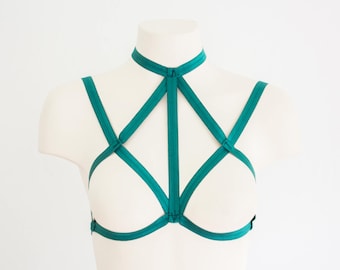 Body Harness: Cage Bra, Green Lingerie, Festival Lingerie, Exotic Dancewear, Strappy Lingerie, Green Harness, Halter Top, Plus Size Lingerie