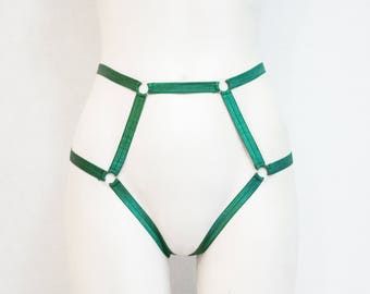 Forest Green Underwear: High Waist Panties, Body Harness Lingerie, Green Lingerie, Open Crotch, Green Knickers, Strappy Panties, Green Thong
