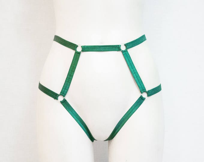 Forest Green Underwear: High Waist Panties, Body Harness Lingerie, Green Lingerie, Open Crotch, Green Knickers, Strappy Panties, Green Thong