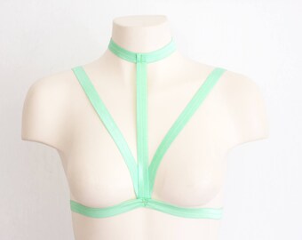 Mint Green Body Harness Lingerie: Strappy Bralette, Rave Outfit