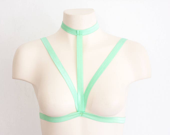 Mint Lingerie: Green Bralette, Halter Top, Pastel Goth, Festival Top, Rave Outfit, Burlesque, Boudoir, Body Harness Lingerie, Strappy Bra