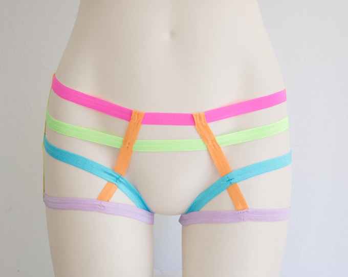 Neon Rainbow Sexy Pride Booty Shorts Lingerie: Unisex Body Harness, Festival Shorts, Strappy Underwear, Rave Clothing, Open Crotch Panty