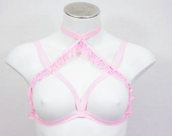 Pink Cage Bralette: DDLG, Body Harness Lingerie, Pastel Punk, Pink Lingerie, Oil Slick, Festival Fashion, Pink Crop Top, Strappy Lingerie