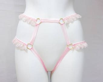 Pink Body Harness Thong Underwear: DDLG Roleplay Cosplay Pink Ruffle Lingerie Strappy Exotic Dancewear Plus Size Women's Fashion Light Pink