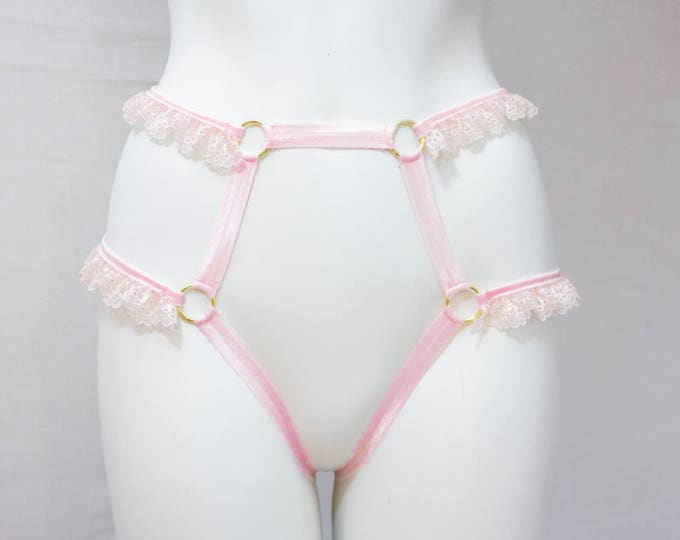 Pink Body Harness Thong Underwear: DDLG Roleplay Cosplay Pink Ruffle Lingerie Strappy Exotic Dancewear Plus Size Women's Fashion Light Pink