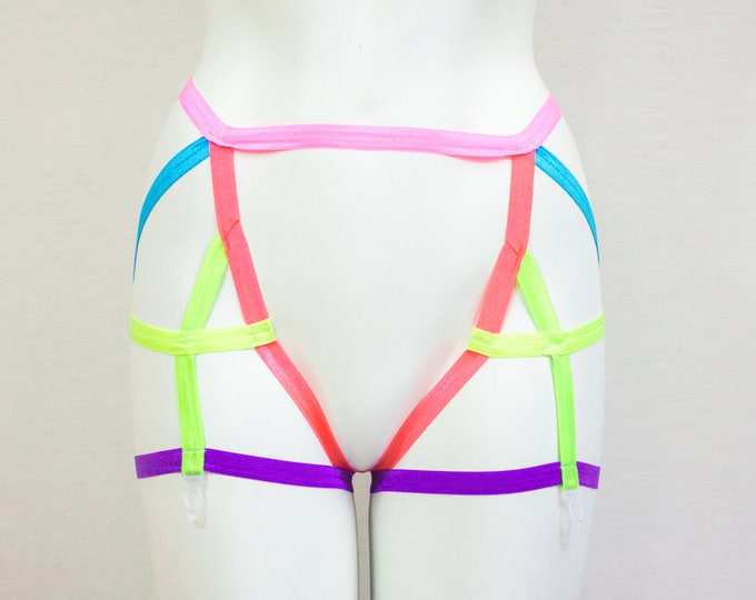 Rainbow Clothing: Pride Outfit, Festival Fashion, Neon Lingerie, Exotic Dancewear, Neon Clothing, Lesbian Fashion, Garter Belt, Body Harness