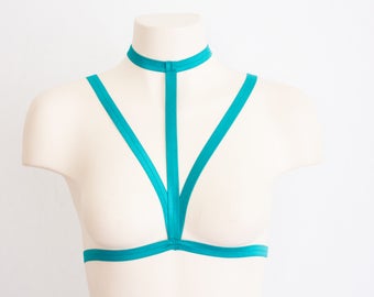 Green Harness: Green Bralette, Festival Top, Cage Bralette, Teal Clothing, Strappy Lingerie, Exotic Dancewear, Burlesque Bra, Green Lingerie