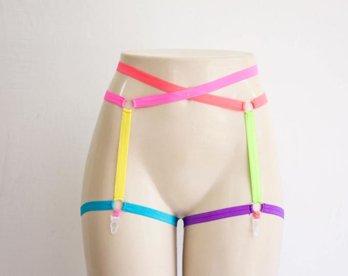 Rainbow Garter Belt: Body Harness Garter Belt, Harness Lingerie, Rainbow Lingerie, Festival Lingerie, Burlesque Costume, Exotic Dancewear