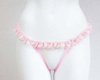 Pink Lace Lingerie: Lace Panties, DDLG, Open Crotch, Pastel Goth, Thong Underwear, Adult Roleplay, Exotic Dancewear, Boudior, Ruffle Bikini