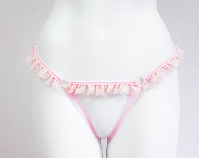 Pink Lace Lingerie: Lace Panties, DDLG, Open Crotch, Pastel Goth, Thong Underwear, Adult Roleplay, Exotic Dancewear, Boudior, Ruffle Bikini