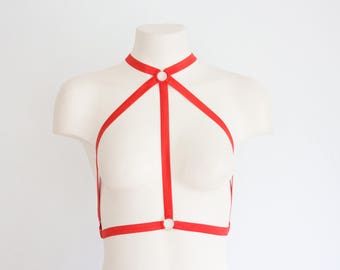 Cage Bra: Body Harness Lingerie, Halter Top, Festival Outfit, Red Lingerie, Rave Outfit, Burlesque, Boudoir, Crop Top, Geometric Clothing