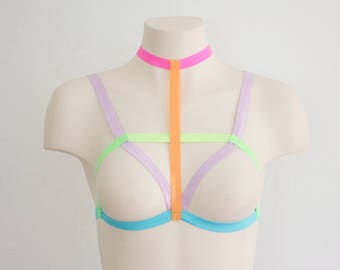 Rainbow Harness: Pride Outfit, Festival Bralette, Crop Top, Neon Clothing, Rave Bra, Festival Fashion, Lesbian Fashion, LGBTQ, Cage Bra