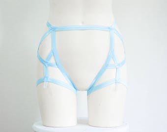 Pastel Blue Harness Garter Belt: Harness Lingerie, Open Crotch, Thong Underwear, Blue Lingerie, Strappy Lingerie, Pin Up Boudoir, Plus size