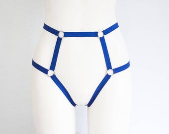 Blue High Waist Underwear: Body Harness Lingerie, Thong Underwear, Strappy Panties, Open Crotch, Blue Stretch Harness, Exotic Dancewear