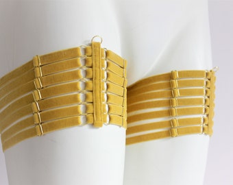 Leg Garters: Velvet Lingerie, Body Harness, Body Accessories , Adjustable Harness, Skinny Strappy,  Mustard Yellow, Stretch Harness, Elastic