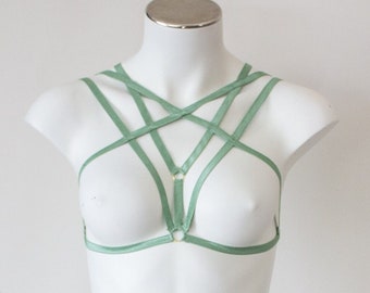 Pastel Sage Green Geometric Reversible Festival Cage Bralette, Sexy Streppy Harness Bra Lingerie, Exotic Dancewear Fashion, Pole Costume