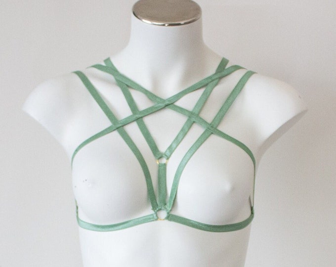 Pastel Sage Green Geometric Reversible Festival Cage Bralette, Sexy Streppy Harness Bra Lingerie, Exotic Dancewear Fashion, Pole Costume