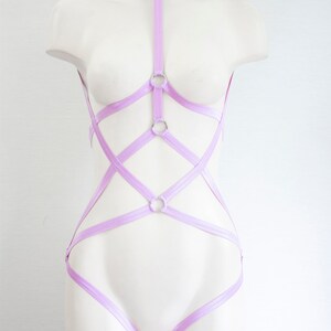 May include: A lavender colored body harness with multiple straps and silver metal rings. The harness is designed to be worn over the torso and hips.