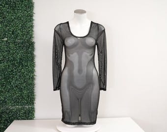 Black Long Sleeve Mesh Rave Festival Body Con Dress: Exotic Pole Dance Floor Outfit Costume, Music Club Wear Fashion
